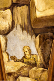 Schloss Bruchsal - Hauptbau - Erdgeschoss - Grotte - Zentrales Gewölbe, Nordostseite - Blick auf eine Szene mit einer männlichen Figur (Malereien ursprünglich von Giovanni Francesco Marchini, 1731 bis 1736, rekonstruiert von Manfred Leitenmeier, 1971 bis 1980) (aufgenommen im Februar 2019, am Nachmittag)