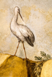 Schloss Bruchsal - Hauptbau - Erdgeschoss - Grotte - Umlaufendes Gewölbe, Südwestseite - Blick auf eine Szene mit einem Storch (Malereien ursprünglich von Giovanni Francesco Marchini, 1731 bis 1736, rekonstruiert von Manfred Leitenmeier, 1971 bis 1980) (aufgenommen im Februar 2019, am späten Nachmittag)