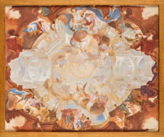 Schloss Bruchsal - Hauptbau / Corps de Logis - Erdgeschoss - Dokumentationsräume „Schloss Bruchsal – gebaut, zerstört, wiedererstanden“ - Rekonstruktions-Entwurf für das Deckenfresko des Fürstensaals, gemalt von Wolfram Köberl 1969 (aufgenommen im März 2019, am Nachmittag) Schloss Bruchsal - Hauptbau / Corps de Logis - Erdgeschoss - Dokumentationsräume „Schloss Bruchsal – gebaut, zerstört, wiedererstanden“ - Rekonstruktions-Entwurf für das Deckenfresko des Fürstensaals, gemalt von Wolfram Köberl 1969 (aufgenommen im März 2019, am Nachmittag)