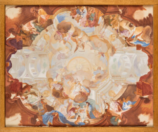 Schloss Bruchsal - Hauptbau / Corps de Logis - Erdgeschoss - Dokumentationsräume „Schloss Bruchsal – gebaut, zerstört, wiedererstanden“ - Rekonstruktions-Entwurf für das Deckenfresko des Fürstensaals, gemalt von Wolfram Köberl 1969 (aufgenommen im März 2019, am Nachmittag) Schloss Bruchsal - Hauptbau / Corps de Logis - Erdgeschoss - Dokumentationsräume „Schloss Bruchsal – gebaut, zerstört, wiedererstanden“ - Rekonstruktions-Entwurf für das Deckenfresko des Fürstensaals, gemalt von Wolfram Köberl 1969 (aufgenommen im März 2019, am Nachmittag)