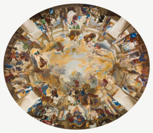 Schloss Bruchsal - Hauptbau / Corps de Logis - Erdgeschoss - Laubenzimmer - Rekonstruktions-Entwurf für das Deckenfresko des Kuppelsaals, gemalt von Karl Manninger 1969 (aufgenommen im März 2019, am Nachmittag) Schloss Bruchsal - Hauptbau / Corps de Logis - Erdgeschoss - Laubenzimmer - Rekonstruktions-Entwurf für das Deckenfresko des Kuppelsaals, gemalt von Karl Manninger 1969 (aufgenommen im März 2019, am Nachmittag)