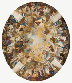 Schloss Bruchsal - Hauptbau / Corps de Logis - Erdgeschoss - Laubenzimmer - Rekonstruktions-Entwurf für das Deckenfresko des Kuppelsaals, gemalt von Karl Manninger 1969 (aufgenommen im März 2019, am Nachmittag) Schloss Bruchsal - Hauptbau / Corps de Logis - Erdgeschoss - Laubenzimmer - Rekonstruktions-Entwurf für das Deckenfresko des Kuppelsaals, gemalt von Karl Manninger 1969 (aufgenommen im März 2019, am Nachmittag)