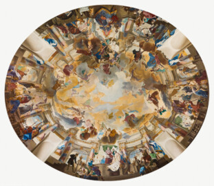 Schloss Bruchsal - Hauptbau / Corps de Logis - Erdgeschoss - Laubenzimmer - Rekonstruktions-Entwurf für das Deckenfresko des Kuppelsaals, gemalt von Karl Manninger 1969 (aufgenommen im März 2019, am Nachmittag) Schloss Bruchsal - Hauptbau / Corps de Logis - Erdgeschoss - Laubenzimmer - Rekonstruktions-Entwurf für das Deckenfresko des Kuppelsaals, gemalt von Karl Manninger 1969 (aufgenommen im März 2019, am Nachmittag)