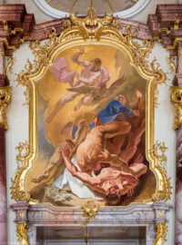 Schloss Bruchsal - Hauptbau / Corps de Logis - Beletage - Marmorsaal / Kaisersaal - Östliche Wand - Von Westen - Blick auf die Supraporte "Sturz der Titanen" (ursprünglich gemalt von Johannes Zick, rekonstruiert 1981 von Wolfram Köberl) (aufgenommen im April 2019, am Nachmittag)
