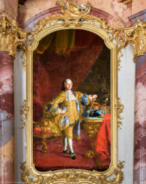 Schloss Bruchsal - Hauptbau / Corps de Logis - Von innen - Beletage - Marmorsaal / Kaisersaal - Gemälde, Nordostseite - Bildnis des Kaisers Franz I. (1708-1765),  gemalt von Martin van Meytens (aufgenommen im Mai 2019, am späten Vormittag)