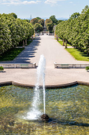 Schloss Bruchsal - Schlossterrasse / Schlossgarten - Blick von oben vom westlichen Balkon auf die Mitte der Schlossterrasse, auf die Allee sowie auf die blühenden Kastanienbäumen des Schlossgartens (aufgenommen im Mai 2019, am Nachmittag) Schloss Bruchsal - Schlossterrasse / Schlossgarten - Blick von oben vom westlichen Balkon auf die Mitte der Schlossterrasse, auf die Allee sowie auf die blühenden Kastanienbäumen des Schlossgartens (aufgenommen im Mai 2019, am Nachmittag)