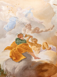 Schloss Bruchsal - Hauptbau / Corps de Logis - Beletage - Marmorsaal / Kaisersaal - Deckenfresko, Innere Zone, Mitte der Ostseite - Mitte: Darstellung der Fruchtbarkeitsgöttin Ceres / Demeter mit Blütenkranz und einem Begleiter mit dem Füllhorn; oben: Darstellung des Wasser-/Meeresgotts Neptun / Poseidon mit seinem Dreizack (Deckenfresko urspünglich gemalt 1754 von Johannes Zick, originalgetreu rekonstruiert 1971 bis 1974 von Wolfram Köberl; Stuck urspünglich von Johann Michael Feuchtmayer dem Jüngeren, rekonstruiert 1962 bis 1969 von Jakob und Josef Schnitzer) (aufgenommen im Mai 2019, am Nachmittag) Schloss Bruchsal - Hauptbau / Corps de Logis - Beletage - Marmorsaal / Kaisersaal - Deckenfresko, Innere Zone, Mitte der Ostseite - Mitte: Darstellung der Fruchtbarkeitsgöttin Ceres / Demeter mit Blütenkranz und einem Begleiter mit dem Füllhorn; oben: Darstellung des Wasser-/Meeresgotts Neptun / Poseidon mit seinem Dreizack (Deckenfresko urspünglich gemalt 1754 von Johannes Zick, originalgetreu rekonstruiert 1971 bis 1974 von Wolfram Köberl; Stuck urspünglich von Johann Michael Feuchtmayer dem Jüngeren, rekonstruiert 1962 bis 1969 von Jakob und Josef Schnitzer) (aufgenommen im Mai 2019, am Nachmittag)