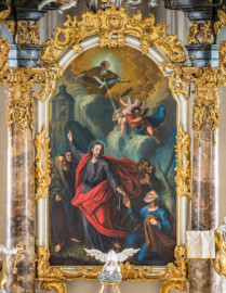 Bruchsal - Peterskirche / St. Peter - Von Innen / Von Norden - Blick von der Orgelempore auf das Altarbild des Hochaltars: "Die Schlüsselübergabe an Petrus" (Hochaltar entworfen von Balthasar Neumann und Johann Wolfgang van der Auwera, vor 1747; Altarbild gemalt von Lothar Ignaz Schweickart, 1748) (aufgenommen im Mai 2019, am Nachmittag) Bruchsal - Peterskirche / St. Peter - Von Innen / Von Norden - Blick von der Orgelempore auf das Altarbild des Hochaltars: "Die Schlüsselübergabe an Petrus" (Hochaltar entworfen von Balthasar Neumann und Johann Wolfgang van der Auwera, vor 1747; Altarbild gemalt von Lothar Ignaz Schweickart, 1748) (aufgenommen im Mai 2019, am Nachmittag)