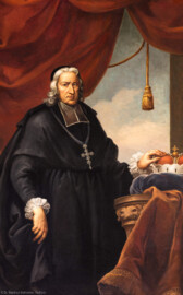 Schloss Bruchsal - Hauptbau / Corps de Logis - Beletage - Fürstensaal - Südseite, Osten - Ausschnitt aus dem Portrait von Heinrich Hartard von Rollingen (1711 bis 1719 Fürstbischof von Speyer) (ursprünglich gemalt von Johannes Zick, um 1753; rekonstruiert von Walter Maschke, 1973 bis 1974) (aufgenommen im Juni 2019, am späten Vormittag)