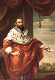 Schloss Bruchsal - Hauptbau / Corps de Logis - Beletage - Fürstensaal - Nordseite, Osten - Ausschnitt aus dem Portrait von Philipp Christoph von Sötern (1610 bis 1652 Bischof von Speyer) (ursprünglich gemalt von Johannes Zick, um 1753; rekonstruiert von Walter Maschke, 1973 bis 1974) (aufgenommen im Juni 2019, am späten Vormittag) Schloss Bruchsal - Hauptbau / Corps de Logis - Beletage - Fürstensaal - Nordseite, Osten - Ausschnitt aus dem Portrait von Philipp Christoph von Sötern (1610 bis 1652 Bischof von Speyer) (ursprünglich gemalt von Johannes Zick, um 1753; rekonstruiert von Walter Maschke, 1973 bis 1974) (aufgenommen im Juni 2019, am späten Vormittag)