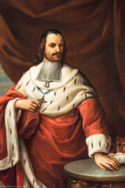 Schloss Bruchsal - Hauptbau / Corps de Logis - Beletage - Fürstensaal - Nordseite, Westen - Ausschnitt aus dem Portrait von Lothar Friedrich von Metternich-Burscheid (1652 bis 1675 Bischof von Speyer) (ursprünglich gemalt von Johannes Zick, um 1753; rekonstruiert von Walter Maschke, 1973 bis 1974) (aufgenommen im Juni 2019, um die Mittagszeit)