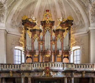 Bruchsal - Peterskirche / St. Peter - Von Innen / Von Süden - Blick vom Chor auf die Empore und die Orgel (Empore und Orgelprospekt entworfen von Johann Leonhard Stahl, 1768; erstes Orgelwerk gebaut von Orgelbauer Seuffert; heutiges Orgelwerk gebaut von Orgelbaufirma Vladimir Šlajch, Borovany/Tschechien, 2004 ) (aufgenommen im Juni 2019, um die Mittagszeit)