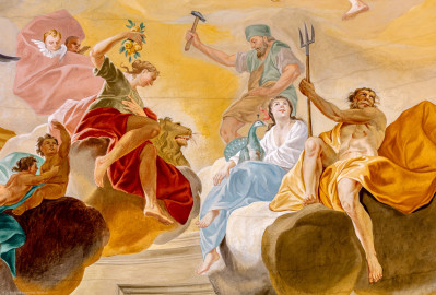 Schloss Bruchsal - Hauptbau / Corps de Logis - Beletage - Kuppelsaal - Kuppelfresko - Ausschnitt aus der östlichen "himmlischen" Zone - Darstellung der vier Elemente als Götter; links die Erde als Ceres (Göttin des Ackerbaus und der Fruchtbarkeit) mit Löwe und Früchten, mittig oben das Feuer als Vulcanus (Gott des Feuers und der Schmiede) mit Hammer, mittig unten die Luft als Juno (Göttin der Geburt, Ehe und Fürsorge) mit einem Pfau, rechts das Wasser als Neptun (Gott des Wassers und Meeres) mit Dreizack (urspünglich gemalt 1752 von Johannes Zick und Sohn Januarius, originalgetreu rekonstruiert 1966 von Karl Manninger) (aufgenommen im Juli 2019, am späten Vormittag) Schloss Bruchsal - Hauptbau / Corps de Logis - Beletage - Kuppelsaal - Kuppelfresko - Ausschnitt aus der östlichen "himmlischen" Zone - Darstellung der vier Elemente als Götter; links die Erde als Ceres (Göttin des Ackerbaus und der Fruchtbarkeit) mit Löwe und Früchten, mittig oben das Feuer als Vulcanus (Gott des Feuers und der Schmiede) mit Hammer, mittig unten die Luft als Juno (Göttin der Geburt, Ehe und Fürsorge) mit einem Pfau, rechts das Wasser als Neptun (Gott des Wassers und Meeres) mit Dreizack (urspünglich gemalt 1752 von Johannes Zick und Sohn Januarius, originalgetreu rekonstruiert 1966 von Karl Manninger) (aufgenommen im Juli 2019, am späten Vormittag)