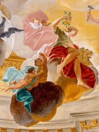 Schloss Bruchsal - Hauptbau / Corps de Logis - Beletage - Kuppelsaal - Kuppelfresko - Ausschnitt aus der östlichen "himmlischen" Zone - Ausschnitt aus der Darstellung der vier Elemente als Götter; oben rechts die Erde als Ceres (Göttin des Ackerbaus und der Fruchtbarkeit) mit Löwe und Früchten (urspünglich gemalt 1752 von Johannes Zick und Sohn Januarius, originalgetreu rekonstruiert 1966 von Karl Manninger) (aufgenommen im Juli 2019, am späten Vormittag) Schloss Bruchsal - Hauptbau / Corps de Logis - Beletage - Kuppelsaal - Kuppelfresko - Ausschnitt aus der östlichen "himmlischen" Zone - Ausschnitt aus der Darstellung der vier Elemente als Götter; oben rechts die Erde als Ceres (Göttin des Ackerbaus und der Fruchtbarkeit) mit Löwe und Früchten (urspünglich gemalt 1752 von Johannes Zick und Sohn Januarius, originalgetreu rekonstruiert 1966 von Karl Manninger) (aufgenommen im Juli 2019, am späten Vormittag)