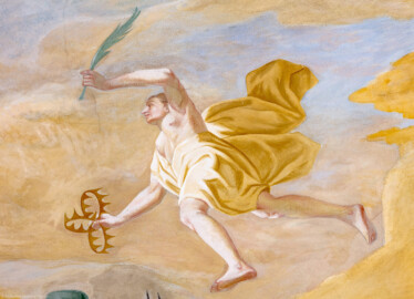 Schloss Bruchsal - Hauptbau / Corps de Logis - Beletage - Kuppelsaal - Kuppelfresko - Ausschnitt aus der östlichen "himmlischen" Zone - Darstellung der göttlichen Glückseligkeit mit drei Kronen und Palmwedel (urspünglich gemalt 1752 von Johannes Zick und Sohn Januarius, originalgetreu rekonstruiert 1966 von Karl Manninger) (aufgenommen im Juli 2019, um die Mittagszeit) Schloss Bruchsal - Hauptbau / Corps de Logis - Beletage - Kuppelsaal - Kuppelfresko - Ausschnitt aus der östlichen "himmlischen" Zone - Darstellung der göttlichen Glückseligkeit mit drei Kronen und Palmwedel (urspünglich gemalt 1752 von Johannes Zick und Sohn Januarius, originalgetreu rekonstruiert 1966 von Karl Manninger) (aufgenommen im Juli 2019, um die Mittagszeit)