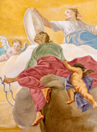 Schloss Bruchsal - Hauptbau / Corps de Logis - Beletage - Kuppelsaal - Kuppelfresko - Ausschnitt aus der südöstlichen "himmlischen" Zone - Darstellung des göttlichen Schutzes als Frau mit Schild (oben rechts), darunter eine Darstellung der göttlichen Führung als Frau mit Zügeln in der Hand; das Bistum Speyer steht also unter Schutz und Führung (urspünglich gemalt 1752 von Johannes Zick und Sohn Januarius, originalgetreu rekonstruiert 1966 von Karl Manninger) (aufgenommen im Juli 2019, um die Mittagszeit) Schloss Bruchsal - Hauptbau / Corps de Logis - Beletage - Kuppelsaal - Kuppelfresko - Ausschnitt aus der südöstlichen "himmlischen" Zone - Darstellung des göttlichen Schutzes als Frau mit Schild (oben rechts), darunter eine Darstellung der göttlichen Führung als Frau mit Zügeln in der Hand; das Bistum Speyer steht also unter Schutz und Führung (urspünglich gemalt 1752 von Johannes Zick und Sohn Januarius, originalgetreu rekonstruiert 1966 von Karl Manninger) (aufgenommen im Juli 2019, um die Mittagszeit)