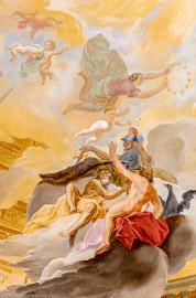 Schloss Bruchsal - Hauptbau / Corps de Logis - Beletage - Kuppelsaal - Kuppelfresko - Ausschnitt aus der nordöstlichen "himmlischen" Zone - oben: Darstellung der Ewigkeit, versehen mit einem Sternenkranz, begleitet von einem Genius mit einer Schlange um den Bauch; unten: Darstellung von Mars, Saturn und Jupiter, drei der sieben Sternbilder; mittig: Mars (Kriegsgott ) mit Rüstung, Helm und Schwert, unten links Chronos (Zeitgott) mit Sense, unten rechts Jupiter (höchste Gottheit) mit erhobenem Arm und Krone (urspünglich gemalt 1752 von Johannes Zick und Sohn Januarius, originalgetreu rekonstruiert 1966 von Karl Manninger) (aufgenommen im Juli 2019, um die Mittagszeit) Schloss Bruchsal - Hauptbau / Corps de Logis - Beletage - Kuppelsaal - Kuppelfresko - Ausschnitt aus der nordöstlichen "himmlischen" Zone - oben: Darstellung der Ewigkeit, versehen mit einem Sternenkranz, begleitet von einem Genius mit einer Schlange um den Bauch; unten: Darstellung von Mars, Saturn und Jupiter, drei der sieben Sternbilder; mittig: Mars (Kriegsgott ) mit Rüstung, Helm und Schwert, unten links Chronos (Zeitgott) mit Sense, unten rechts Jupiter (höchste Gottheit) mit erhobenem Arm und Krone (urspünglich gemalt 1752 von Johannes Zick und Sohn Januarius, originalgetreu rekonstruiert 1966 von Karl Manninger) (aufgenommen im Juli 2019, um die Mittagszeit)