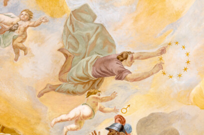 Schloss Bruchsal - Hauptbau / Corps de Logis - Beletage - Kuppelsaal - Kuppelfresko - Ausschnitt aus der nördlichen "himmlischen" Zone - Darstellung der Ewigkeit, versehen mit einem Sternenkranz, begleitet von einem Genius mit einer Schlange um den Bauch; Kreis oder Schlange, die sich in den eigenen Schwanz beißt, dienen als Symbole für die Ewigkeit (urspünglich gemalt 1752 von Johannes Zick und Sohn Januarius, originalgetreu rekonstruiert 1966 von Karl Manninger) (aufgenommen im Juli 2019, am frühen Nachmittag) Schloss Bruchsal - Hauptbau / Corps de Logis - Beletage - Kuppelsaal - Kuppelfresko - Ausschnitt aus der nördlichen "himmlischen" Zone - Darstellung der Ewigkeit, versehen mit einem Sternenkranz, begleitet von einem Genius mit einer Schlange um den Bauch; Kreis oder Schlange, die sich in den eigenen Schwanz beißt, dienen als Symbole für die Ewigkeit (urspünglich gemalt 1752 von Johannes Zick und Sohn Januarius, originalgetreu rekonstruiert 1966 von Karl Manninger) (aufgenommen im Juli 2019, am frühen Nachmittag)