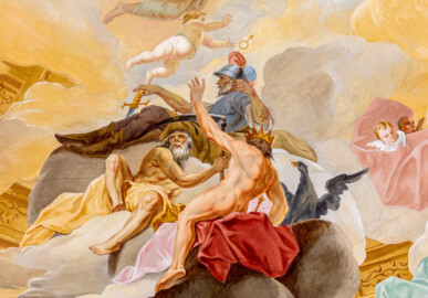 Schloss Bruchsal - Hauptbau / Corps de Logis - Beletage - Kuppelsaal - Kuppelfresko - Ausschnitt aus der nordöstlichen "himmlischen" Zone - Darstellung von Mars, Saturn und Jupiter, drei der sieben Sternbilder; oben Mars (Kriegsgott ) mit Rüstung, Helm und Schwert, unten links Chronos (Zeitgott) mit Sense, unten rechts Jupiter (höchste Gottheit) mit erhobenem Arm und Krone (urspünglich gemalt 1752 von Johannes Zick und Sohn Januarius, originalgetreu rekonstruiert 1966 von Karl Manninger) (aufgenommen im Juli 2019, am Nachmittag) Schloss Bruchsal - Hauptbau / Corps de Logis - Beletage - Kuppelsaal - Kuppelfresko - Ausschnitt aus der nordöstlichen "himmlischen" Zone - Darstellung von Mars, Saturn und Jupiter, drei der sieben Sternbilder; oben Mars (Kriegsgott ) mit Rüstung, Helm und Schwert, unten links Chronos (Zeitgott) mit Sense, unten rechts Jupiter (höchste Gottheit) mit erhobenem Arm und Krone (urspünglich gemalt 1752 von Johannes Zick und Sohn Januarius, originalgetreu rekonstruiert 1966 von Karl Manninger) (aufgenommen im Juli 2019, am Nachmittag)