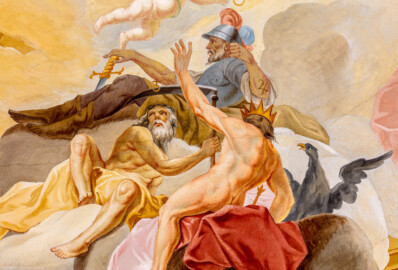 Schloss Bruchsal - Hauptbau / Corps de Logis - Beletage - Kuppelsaal - Kuppelfresko - Ausschnitt aus der nordöstlichen "himmlischen" Zone - Darstellung von Mars, Saturn und Jupiter, drei der sieben Sternbilder; oben Mars (Kriegsgott ) mit Rüstung, Helm und Schwert, unten links Chronos (Zeitgott) mit Sense, unten rechts Jupiter (höchste Gottheit) mit erhobenem Arm und Krone (urspünglich gemalt 1752 von Johannes Zick und Sohn Januarius, originalgetreu rekonstruiert 1966 von Karl Manninger) (aufgenommen im Juli 2019, am Nachmittag) Schloss Bruchsal - Hauptbau / Corps de Logis - Beletage - Kuppelsaal - Kuppelfresko - Ausschnitt aus der nordöstlichen "himmlischen" Zone - Darstellung von Mars, Saturn und Jupiter, drei der sieben Sternbilder; oben Mars (Kriegsgott ) mit Rüstung, Helm und Schwert, unten links Chronos (Zeitgott) mit Sense, unten rechts Jupiter (höchste Gottheit) mit erhobenem Arm und Krone (urspünglich gemalt 1752 von Johannes Zick und Sohn Januarius, originalgetreu rekonstruiert 1966 von Karl Manninger) (aufgenommen im Juli 2019, am Nachmittag)