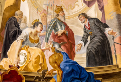 Schloss Bruchsal - Hauptbau / Corps de Logis - Beletage - Kuppelsaal - Von Süden - Ausschnitt aus dem nördlichen Kuppelfresko - Bischof Konrad I. (rechts) von Speyer erhält im Jahr 1056 den Königshof Bruchsal aus der Hand von Kaiser Heinrich III. (Mitte); im Vordergrund kniet Merkur bzw. Hermes, der die Personifikation Bruchsals (links) auf den noch leeren Thron (unten links) hinweist, um anzuzeigen, dass diese Stadt knapp 700 Jahre später einmal Bischofsresidenz werden würde (urspünglich gemalt 1752 von Johannes Zick und Sohn Januarius, originalgetreu rekonstruiert 1966 von Karl Manninger) (aufgenommen im Juli 2019, am späten Nachmittag) Schloss Bruchsal - Hauptbau / Corps de Logis - Beletage - Kuppelsaal - Von Süden - Ausschnitt aus dem nördlichen Kuppelfresko - Bischof Konrad I. (rechts) von Speyer erhält im Jahr 1056 den Königshof Bruchsal aus der Hand von Kaiser Heinrich III. (Mitte); im Vordergrund kniet Merkur bzw. Hermes, der die Personifikation Bruchsals (links) auf den noch leeren Thron (unten links) hinweist, um anzuzeigen, dass diese Stadt knapp 700 Jahre später einmal Bischofsresidenz werden würde (urspünglich gemalt 1752 von Johannes Zick und Sohn Januarius, originalgetreu rekonstruiert 1966 von Karl Manninger) (aufgenommen im Juli 2019, am späten Nachmittag)