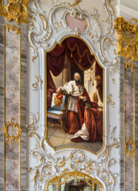 Schloss Bruchsal - Hauptbau / Corps de Logis - Beletage - Fürstensaal - Südseite, Mitte - Blick von Nordosten auf das Portrait von Franz Christoph von Hutten zum Stolzenberg (ursprünglich gemalt von Johannes Zick, um 1753; rekonstruiert von Walter Maschke, 1973 bis 1974) (aufgenommen im August 2019, am späten Nachmittag) Schloss Bruchsal - Hauptbau / Corps de Logis - Beletage - Fürstensaal - Südseite, Mitte - Blick von Nordosten auf das Portrait von Franz Christoph von Hutten zum Stolzenberg (ursprünglich gemalt von Johannes Zick, um 1753; rekonstruiert von Walter Maschke, 1973 bis 1974) (aufgenommen im August 2019, am späten Nachmittag)