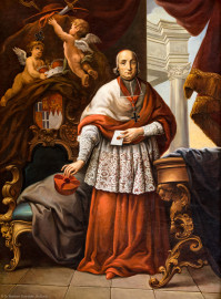 Schloss Bruchsal - Hauptbau / Corps de Logis - Beletage - Fürstensaal - Nordseite, Mitte - Portrait von Damian Hugo Philipp von Schönborn-Buchheim (ursprünglich gemalt von Johannes Zick, um 1753; rekonstruiert von Walter Maschke, 1973 bis 1974) (aufgenommen im August 2019, am späten Nachmittag) Schloss Bruchsal - Hauptbau / Corps de Logis - Beletage - Fürstensaal - Nordseite, Mitte - Portrait von Damian Hugo Philipp von Schönborn-Buchheim (ursprünglich gemalt von Johannes Zick, um 1753; rekonstruiert von Walter Maschke, 1973 bis 1974) (aufgenommen im August 2019, am späten Nachmittag)