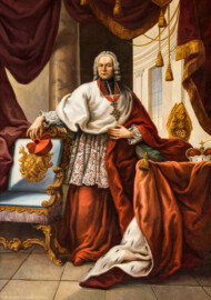Schloss Bruchsal - Hauptbau / Corps de Logis - Beletage - Fürstensaal - Südseite, Mitte - Portrait von Franz Christoph von Hutten zum Stolzenberg (ursprünglich gemalt von Johannes Zick, um 1753; rekonstruiert von Walter Maschke, 1973 bis 1974) (aufgenommen im August 2019, am späten Nachmittag)