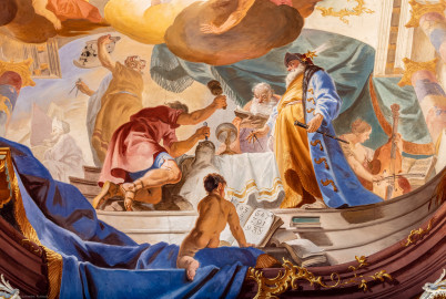 Schloss Bruchsal - Hauptbau / Corps de Logis - Beletage - Fürstensaal - Decke, äußere Zone, westlich, Mitte - Ausschnitt aus der westlichen äußeren Zone - Darstellung der sieben Wissenschaften und Künste - ganz links (Mann mit Staffelei): Darstellung der Malerei, daneben Selbstdarstellung des originalen Malers Johannes Zick; links oben (Mann mit Plan und Zirkel): Darstellung der Architektur; links der Mitte (Mann mit Knüpfel und Meißel): Darstellung der Bildhauerei; rechts der Mitte (Mann mit Buch): Darstellung der Literatur; weiter rechts (Mann mit Sternenhut und Zirkel): Darstellung der Astrologie; ganz rechts (Frau mit Cello): Darstellung der Musik; Mitte unten (Knabe mit Buch): Darstellung der Mathematik (Deckenfresko urspünglich gemalt 1751 von Johannes Zick, originalgetreu rekonstruiert 1966 bis 1969 von Wolfram Köberl) (aufgenommen im September 2019, am Vormittag) Schloss Bruchsal - Hauptbau / Corps de Logis - Beletage - Fürstensaal - Decke, äußere Zone, westlich, Mitte - Ausschnitt aus der westlichen äußeren Zone - Darstellung der sieben Wissenschaften und Künste - ganz links (Mann mit Staffelei): Darstellung der Malerei, daneben Selbstdarstellung des originalen Malers Johannes Zick; links oben (Mann mit Plan und Zirkel): Darstellung der Architektur; links der Mitte (Mann mit Knüpfel und Meißel): Darstellung der Bildhauerei; rechts der Mitte (Mann mit Buch): Darstellung der Literatur; weiter rechts (Mann mit Sternenhut und Zirkel): Darstellung der Astrologie; ganz rechts (Frau mit Cello): Darstellung der Musik; Mitte unten (Knabe mit Buch): Darstellung der Mathematik (Deckenfresko urspünglich gemalt 1751 von Johannes Zick, originalgetreu rekonstruiert 1966 bis 1969 von Wolfram Köberl) (aufgenommen im September 2019, am Vormittag)