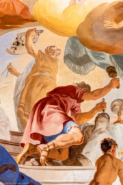 Schloss Bruchsal - Hauptbau / Corps de Logis - Beletage - Fürstensaal - Decke, äußere Zone, westlich, Mitte - Ausschnitt aus der westlichen äußeren Zone - Ausschnitt aus der Darstellung der sieben Wissenschaften und Künste - Links oben (Mann mit Plan und Zirkel): Darstellung der Architektur; Mitte (Mann mit Knüpfel und Meißel): Darstellung der Bildhauerei; rechts unten (Knabe mit Buch): Darstellung der Mathematik (Deckenfresko urspünglich gemalt 1751 von Johannes Zick, originalgetreu rekonstruiert 1966 bis 1969 von Wolfram Köberl) (aufgenommen im September 2019, am späten Vormittag) Schloss Bruchsal - Hauptbau / Corps de Logis - Beletage - Fürstensaal - Decke, äußere Zone, westlich, Mitte - Ausschnitt aus der westlichen äußeren Zone - Ausschnitt aus der Darstellung der sieben Wissenschaften und Künste - Links oben (Mann mit Plan und Zirkel): Darstellung der Architektur; Mitte (Mann mit Knüpfel und Meißel): Darstellung der Bildhauerei; rechts unten (Knabe mit Buch): Darstellung der Mathematik (Deckenfresko urspünglich gemalt 1751 von Johannes Zick, originalgetreu rekonstruiert 1966 bis 1969 von Wolfram Köberl) (aufgenommen im September 2019, am späten Vormittag)