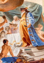 Schloss Bruchsal - Hauptbau / Corps de Logis - Beletage - Fürstensaal - Decke, äußere Zone, westlich, Mitte - Ausschnitt aus der westlichen äußeren Zone -Ausschnitt aus der Darstellung der sieben Wissenschaften und Künste - Unten links (Knabe mit Buch): Darstellung der Mathematik; obenlinks (Mann mit Buch): Darstellung der Literatur; oben rechts (Mann mit Sternenhut und Zirkel): Darstellung der Astrologie; ganz rechts (Frau mit Cello): Darstellung der Musik (Deckenfresko urspünglich gemalt 1751 von Johannes Zick, originalgetreu rekonstruiert 1966 bis 1969 von Wolfram Köberl) (aufgenommen im September 2019, am späten Vormittag) Schloss Bruchsal - Hauptbau / Corps de Logis - Beletage - Fürstensaal - Decke, äußere Zone, westlich, Mitte - Ausschnitt aus der westlichen äußeren Zone -Ausschnitt aus der Darstellung der sieben Wissenschaften und Künste - Unten links (Knabe mit Buch): Darstellung der Mathematik; obenlinks (Mann mit Buch): Darstellung der Literatur; oben rechts (Mann mit Sternenhut und Zirkel): Darstellung der Astrologie; ganz rechts (Frau mit Cello): Darstellung der Musik (Deckenfresko urspünglich gemalt 1751 von Johannes Zick, originalgetreu rekonstruiert 1966 bis 1969 von Wolfram Köberl) (aufgenommen im September 2019, am späten Vormittag)