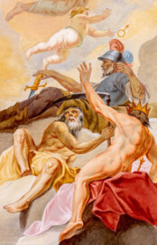 Schloss Bruchsal - Hauptbau / Corps de Logis - Beletage - Kuppelsaal - Kuppelfresko - Ausschnitt aus der nordöstlichen "himmlischen" Zone - Darstellung von Mars, Saturn und Jupiter, drei der sieben Sternbilder; oben Mars (Kriegsgott ) mit Rüstung, Helm und Schwert, unten links Chronos (Zeitgott) mit Sense, unten rechts Jupiter (höchste Gottheit) mit erhobenem Arm und Krone (urspünglich gemalt 1752 von Johannes Zick und Sohn Januarius, originalgetreu rekonstruiert 1966 von Karl Manninger) (aufgenommen im September 2019, am Nachmittag) Schloss Bruchsal - Hauptbau / Corps de Logis - Beletage - Kuppelsaal - Kuppelfresko - Ausschnitt aus der nordöstlichen "himmlischen" Zone - Darstellung von Mars, Saturn und Jupiter, drei der sieben Sternbilder; oben Mars (Kriegsgott ) mit Rüstung, Helm und Schwert, unten links Chronos (Zeitgott) mit Sense, unten rechts Jupiter (höchste Gottheit) mit erhobenem Arm und Krone (urspünglich gemalt 1752 von Johannes Zick und Sohn Januarius, originalgetreu rekonstruiert 1966 von Karl Manninger) (aufgenommen im September 2019, am Nachmittag)