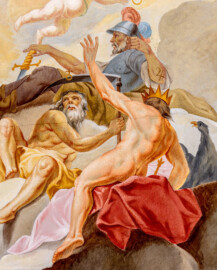 Schloss Bruchsal - Hauptbau / Corps de Logis - Beletage - Kuppelsaal - Kuppelfresko - Ausschnitt aus der nordöstlichen "himmlischen" Zone - Darstellung von Mars, Saturn und Jupiter, drei der sieben Sternbilder; oben Mars (Kriegsgott ) mit Rüstung, Helm und Schwert, unten links Chronos (Zeitgott) mit Sense, unten rechts Jupiter (höchste Gottheit) mit erhobenem Arm und Krone (urspünglich gemalt 1752 von Johannes Zick und Sohn Januarius, originalgetreu rekonstruiert 1966 von Karl Manninger) (aufgenommen im September 2019, am Nachmittag) Schloss Bruchsal - Hauptbau / Corps de Logis - Beletage - Kuppelsaal - Kuppelfresko - Ausschnitt aus der nordöstlichen "himmlischen" Zone - Darstellung von Mars, Saturn und Jupiter, drei der sieben Sternbilder; oben Mars (Kriegsgott ) mit Rüstung, Helm und Schwert, unten links Chronos (Zeitgott) mit Sense, unten rechts Jupiter (höchste Gottheit) mit erhobenem Arm und Krone (urspünglich gemalt 1752 von Johannes Zick und Sohn Januarius, originalgetreu rekonstruiert 1966 von Karl Manninger) (aufgenommen im September 2019, am Nachmittag)