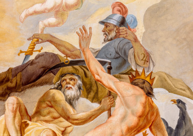 Schloss Bruchsal - Hauptbau / Corps de Logis - Beletage - Kuppelsaal - Kuppelfresko - Ausschnitt aus der nordöstlichen "himmlischen" Zone - Darstellung von Mars, Saturn und Jupiter, drei der sieben Sternbilder; oben Mars (Kriegsgott ) mit Rüstung, Helm und Schwert, unten links Chronos (Zeitgott) mit Sense, unten rechts Jupiter (höchste Gottheit) mit erhobenem Arm und Krone (urspünglich gemalt 1752 von Johannes Zick und Sohn Januarius, originalgetreu rekonstruiert 1966 von Karl Manninger) (aufgenommen im September 2019, am Nachmittag) Schloss Bruchsal - Hauptbau / Corps de Logis - Beletage - Kuppelsaal - Kuppelfresko - Ausschnitt aus der nordöstlichen "himmlischen" Zone - Darstellung von Mars, Saturn und Jupiter, drei der sieben Sternbilder; oben Mars (Kriegsgott ) mit Rüstung, Helm und Schwert, unten links Chronos (Zeitgott) mit Sense, unten rechts Jupiter (höchste Gottheit) mit erhobenem Arm und Krone (urspünglich gemalt 1752 von Johannes Zick und Sohn Januarius, originalgetreu rekonstruiert 1966 von Karl Manninger) (aufgenommen im September 2019, am Nachmittag)