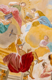 Schloss Bruchsal - Hauptbau / Corps de Logis - Beletage - Kuppelsaal - Kuppelfresko - Ausschnitt aus der nordwestlichen "himmlischen" Zone - Darstellung der göttlichen Weisheit als Frau (oben links) mit Sternenkranz und Putto mit Spiegel, den Bischofsstab an eine Frau (oben rechts) mit Buch und Lamm darauf überreichend; das Bistum Speyer wird nun von der Weisheit gelenkt;unten links Merkur (Götterbote) mit geflügelten Füßen, geflügeltem Helm und Heroldstab mit Schlange, mitte rechts Luna (Mondgöttin) mit Halbmond auf dem Kopf, unten rechts Venus (Göttin der Liebe) (urspünglich gemalt 1752 von Johannes Zick und Sohn Januarius, originalgetreu rekonstruiert 1966 von Karl Manninger) (aufgenommen im September 2019, am Nachmittag) Schloss Bruchsal - Hauptbau / Corps de Logis - Beletage - Kuppelsaal - Kuppelfresko - Ausschnitt aus der nordwestlichen "himmlischen" Zone - Darstellung der göttlichen Weisheit als Frau (oben links) mit Sternenkranz und Putto mit Spiegel, den Bischofsstab an eine Frau (oben rechts) mit Buch und Lamm darauf überreichend; das Bistum Speyer wird nun von der Weisheit gelenkt;unten links Merkur (Götterbote) mit geflügelten Füßen, geflügeltem Helm und Heroldstab mit Schlange, mitte rechts Luna (Mondgöttin) mit Halbmond auf dem Kopf, unten rechts Venus (Göttin der Liebe) (urspünglich gemalt 1752 von Johannes Zick und Sohn Januarius, originalgetreu rekonstruiert 1966 von Karl Manninger) (aufgenommen im September 2019, am Nachmittag)