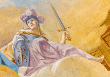 Schloss Bruchsal - Hauptbau / Corps de Logis - Beletage - Kuppelsaal - Kuppelfresko - Ausschnitt aus der nordwestlichen "himmlischen" Zone - Darstellung des göttlichen Beistands als Frau mit Helm, Schild und Schwert; sie steht dem Bistum zur Seite (urspünglich gemalt 1752 von Johannes Zick und Sohn Januarius, originalgetreu rekonstruiert 1966 von Karl Manninger) (aufgenommen im September 2019, am Nachmittag) Schloss Bruchsal - Hauptbau / Corps de Logis - Beletage - Kuppelsaal - Kuppelfresko - Ausschnitt aus der nordwestlichen "himmlischen" Zone - Darstellung des göttlichen Beistands als Frau mit Helm, Schild und Schwert; sie steht dem Bistum zur Seite (urspünglich gemalt 1752 von Johannes Zick und Sohn Januarius, originalgetreu rekonstruiert 1966 von Karl Manninger) (aufgenommen im September 2019, am Nachmittag)