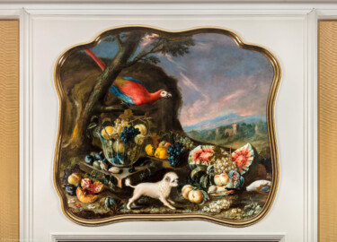 Schloss Bruchsal - Hauptbau / Corps de Logis - Beletage - Winterspeisezimmer - Südwand - Blick auf die südliche Supraporte "Früchtestillleben mit Papagei und Hund" (gemalt von Lothar Ignaz Schweickart, 1754; Inv.Nr. G 767) (aufgenommen im Oktober 2019, am frühen Nachmittag) Schloss Bruchsal - Hauptbau / Corps de Logis - Beletage - Winterspeisezimmer - Südwand - Blick auf die südliche Supraporte "Früchtestillleben mit Papagei und Hund" (gemalt von Lothar Ignaz Schweickart, 1754; Inv.Nr. G 767) (aufgenommen im Oktober 2019, am frühen Nachmittag)