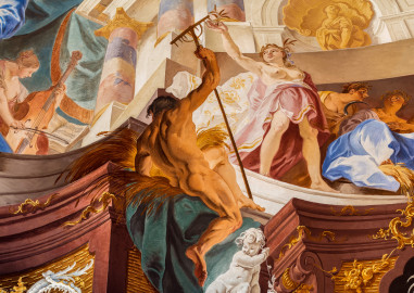 Schloss Bruchsal - Hauptbau / Corps de Logis - Beletage - Fürstensaal - Decke, äußere Zone, Nordwestecke - Ausschnitt aus der nordwestlichen äußeren Zone - Ganz links (Frau mit Cello): Darstellung der Musik; Mitte (Mann mit Rechen): Darstellung des Hirtengotts Pan, auch die Fruchtbarkeit symbolisierend; rechts der Mitte (Frau mit Ähre): Darstellung der griechischen / römischen Fruchtbarkeitsgöttin Demeter / Ceres (Deckenfresko urspünglich gemalt 1751 von Johannes Zick, originalgetreu rekonstruiert 1966 bis 1969 von Wolfram Köberl) (aufgenommen im Oktober 2019, am späten Vormittag) Schloss Bruchsal - Hauptbau / Corps de Logis - Beletage - Fürstensaal - Decke, äußere Zone, Nordwestecke - Ausschnitt aus der nordwestlichen äußeren Zone - Ganz links (Frau mit Cello): Darstellung der Musik; Mitte (Mann mit Rechen): Darstellung des Hirtengotts Pan, auch die Fruchtbarkeit symbolisierend; rechts der Mitte (Frau mit Ähre): Darstellung der griechischen / römischen Fruchtbarkeitsgöttin Demeter / Ceres (Deckenfresko urspünglich gemalt 1751 von Johannes Zick, originalgetreu rekonstruiert 1966 bis 1969 von Wolfram Köberl) (aufgenommen im Oktober 2019, am späten Vormittag)