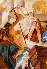 Schloss Bruchsal - Hauptbau / Corps de Logis - Beletage - Fürstensaal - Decke, äußere Zone, Nordwestecke - Ausschnitt aus der nordwestlichen äußeren Zone - Ausschnitt aus der Darstellung der Landwirtschaft, ein wichtiger Wirtschaftszweig Bruchsals - Links (Mann mit Rechen): Darstellung des Hirtengotts Pan, auch die Fruchtbarkeit symbolisierend; rechts der Mitte (Frau mit Ähre): Darstellung der griechischen / römischen Fruchtbarkeitsgöttin Demeter / Ceres (Deckenfresko urspünglich gemalt 1751 von Johannes Zick, originalgetreu rekonstruiert 1966 bis 1969 von Wolfram Köberl) (aufgenommen im Oktober 2019, am späten Vormittag) Schloss Bruchsal - Hauptbau / Corps de Logis - Beletage - Fürstensaal - Decke, äußere Zone, Nordwestecke - Ausschnitt aus der nordwestlichen äußeren Zone - Ausschnitt aus der Darstellung der Landwirtschaft, ein wichtiger Wirtschaftszweig Bruchsals - Links (Mann mit Rechen): Darstellung des Hirtengotts Pan, auch die Fruchtbarkeit symbolisierend; rechts der Mitte (Frau mit Ähre): Darstellung der griechischen / römischen Fruchtbarkeitsgöttin Demeter / Ceres (Deckenfresko urspünglich gemalt 1751 von Johannes Zick, originalgetreu rekonstruiert 1966 bis 1969 von Wolfram Köberl) (aufgenommen im Oktober 2019, am späten Vormittag)