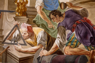 Schloss Bruchsal - Hauptbau / Corps de Logis - Beletage - Kuppelsaal - Kuppelfresko - Ausschnitt aus dem östlichen "irdischen" Bereich; ; Darstellung zweier / dreier Bauhandwerker (urspünglich gemalt 1752 von Johannes Zick und Sohn Januarius, originalgetreu rekonstruiert 1966 von Karl Manninger) (aufgenommen im Oktober 2019, am späten Vormittag) Schloss Bruchsal - Hauptbau / Corps de Logis - Beletage - Kuppelsaal - Kuppelfresko - Ausschnitt aus dem östlichen "irdischen" Bereich; ; Darstellung zweier / dreier Bauhandwerker (urspünglich gemalt 1752 von Johannes Zick und Sohn Januarius, originalgetreu rekonstruiert 1966 von Karl Manninger) (aufgenommen im Oktober 2019, am späten Vormittag)