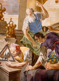 Schloss Bruchsal - Hauptbau / Corps de Logis - Beletage - Kuppelsaal - Kuppelfresko - Ausschnitt aus dem östlichen "irdischen" Bereich; Darstellung dreier Bauhandwerker (urspünglich gemalt 1752 von Johannes Zick und Sohn Januarius, originalgetreu rekonstruiert 1966 von Karl Manninger) (aufgenommen im Oktober 2019, am späten Vormittag) Schloss Bruchsal - Hauptbau / Corps de Logis - Beletage - Kuppelsaal - Kuppelfresko - Ausschnitt aus dem östlichen "irdischen" Bereich; Darstellung dreier Bauhandwerker (urspünglich gemalt 1752 von Johannes Zick und Sohn Januarius, originalgetreu rekonstruiert 1966 von Karl Manninger) (aufgenommen im Oktober 2019, am späten Vormittag)