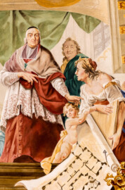 Schloss Bruchsal - Hauptbau / Corps de Logis - Beletage - Kuppelsaal - Kuppel - Von Westen - Ausschnitt aus dem rekonstruierten Kuppelfresko, oberhalb des Durchgangs zum Fürstensaal - Fürstbischof Damian Hugo Philipp von Schönborn-Buchheim als Erbauer der Residenz; links in rotem Kardinalshabit: Damian Hugo, im Hintergrund im grünen Mantel: Balthasar Neumann, Frau rechts: Personifikation der Architektur, im Vordergrund: Genius mit Grundriss des halben Corps de Logis (urspünglich gemalt 1752 von Johannes Zick und Sohn Januarius, originalgetreu rekonstruiert 1966 von Karl Manninger) (aufgenommen im Oktober 2019, am späten Vormittag) Schloss Bruchsal - Hauptbau / Corps de Logis - Beletage - Kuppelsaal - Kuppel - Von Westen - Ausschnitt aus dem rekonstruierten Kuppelfresko, oberhalb des Durchgangs zum Fürstensaal - Fürstbischof Damian Hugo Philipp von Schönborn-Buchheim als Erbauer der Residenz; links in rotem Kardinalshabit: Damian Hugo, im Hintergrund im grünen Mantel: Balthasar Neumann, Frau rechts: Personifikation der Architektur, im Vordergrund: Genius mit Grundriss des halben Corps de Logis (urspünglich gemalt 1752 von Johannes Zick und Sohn Januarius, originalgetreu rekonstruiert 1966 von Karl Manninger) (aufgenommen im Oktober 2019, am späten Vormittag)