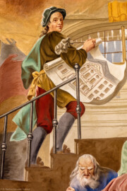 Schloss Bruchsal - Hauptbau / Corps de Logis - Beletage - Kuppelsaal - Kuppelfresko - Ausschnitt aus dem westlichen "irdischen" Bereich - Vermutlich Darstellung von Johann Leonard Stahl (Mitte, trägt einen Plan des Hauptbaus mit dem hinzugefügten Altan) sowie von Johann Georg Stahl (unten rechts, wohl mit einem Plan der Kaserne) (urspünglich gemalt 1752 von Johannes Zick und Sohn Januarius, originalgetreu rekonstruiert 1966 von Karl Manninger) (aufgenommen im Oktober 2019, um die Mittagszeit)