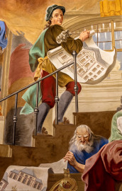 Schloss Bruchsal - Hauptbau / Corps de Logis - Beletage - Kuppelsaal - Kuppelfresko - Ausschnitt aus dem westlichen "irdischen" Bereich - Vermutlich Darstellung von Johann Leonard Stahl (oben, trägt einen Plan des Hauptbaus mit dem hinzugefügten Altan) sowie von Johann Georg Stahl (unten rechts, wohl mit einem Plan der Kaserne) (urspünglich gemalt 1752 von Johannes Zick und Sohn Januarius, originalgetreu rekonstruiert 1966 von Karl Manninger) (aufgenommen im Oktober 2019, um die Mittagszeit) Schloss Bruchsal - Hauptbau / Corps de Logis - Beletage - Kuppelsaal - Kuppelfresko - Ausschnitt aus dem westlichen "irdischen" Bereich - Vermutlich Darstellung von Johann Leonard Stahl (oben, trägt einen Plan des Hauptbaus mit dem hinzugefügten Altan) sowie von Johann Georg Stahl (unten rechts, wohl mit einem Plan der Kaserne) (urspünglich gemalt 1752 von Johannes Zick und Sohn Januarius, originalgetreu rekonstruiert 1966 von Karl Manninger) (aufgenommen im Oktober 2019, um die Mittagszeit)