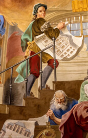 Schloss Bruchsal - Hauptbau / Corps de Logis - Beletage - Kuppelsaal - Kuppelfresko - Ausschnitt aus dem westlichen "irdischen" Bereich - Vermutlich Darstellung von Johann Leonard Stahl (oben, trägt einen Plan des Hauptbaus mit dem hinzugefügten Altan) sowie von Johann Georg Stahl (unten rechts, wohl mit einem Plan der Kaserne) (urspünglich gemalt 1752 von Johannes Zick und Sohn Januarius, originalgetreu rekonstruiert 1966 von Karl Manninger) (aufgenommen im Oktober 2019, um die Mittagszeit) Schloss Bruchsal - Hauptbau / Corps de Logis - Beletage - Kuppelsaal - Kuppelfresko - Ausschnitt aus dem westlichen "irdischen" Bereich - Vermutlich Darstellung von Johann Leonard Stahl (oben, trägt einen Plan des Hauptbaus mit dem hinzugefügten Altan) sowie von Johann Georg Stahl (unten rechts, wohl mit einem Plan der Kaserne) (urspünglich gemalt 1752 von Johannes Zick und Sohn Januarius, originalgetreu rekonstruiert 1966 von Karl Manninger) (aufgenommen im Oktober 2019, um die Mittagszeit)