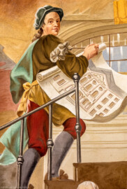 Schloss Bruchsal - Hauptbau / Corps de Logis - Beletage - Kuppelsaal - Kuppelfresko - Ausschnitt aus dem westlichen "irdischen" Bereich - Vermutlich Darstellung von Johann Leonard Stahl, trägt einen Plan des Hauptbaus mit dem hinzugefügten Altan (urspünglich gemalt 1752 von Johannes Zick und Sohn Januarius, originalgetreu rekonstruiert 1966 von Karl Manninger) (aufgenommen im Oktober 2019, um die Mittagszeit) Schloss Bruchsal - Hauptbau / Corps de Logis - Beletage - Kuppelsaal - Kuppelfresko - Ausschnitt aus dem westlichen "irdischen" Bereich - Vermutlich Darstellung von Johann Leonard Stahl, trägt einen Plan des Hauptbaus mit dem hinzugefügten Altan (urspünglich gemalt 1752 von Johannes Zick und Sohn Januarius, originalgetreu rekonstruiert 1966 von Karl Manninger) (aufgenommen im Oktober 2019, um die Mittagszeit)