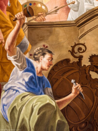 Schloss Bruchsal - Hauptbau / Corps de Logis - Beletage - Kuppelsaal - Kuppelfresko - Ausschnitt aus dem westlichen "irdischen" Bereich - Frauenfigur - Personifikation der Bildhauerei (meißelt Huttens Wappen) (urspünglich gemalt 1752 von Johannes Zick und Sohn Januarius, originalgetreu rekonstruiert 1966 von Karl Manninger) (aufgenommen im Oktober 2019, um die Mittagszeit) Schloss Bruchsal - Hauptbau / Corps de Logis - Beletage - Kuppelsaal - Kuppelfresko - Ausschnitt aus dem westlichen "irdischen" Bereich - Frauenfigur - Personifikation der Bildhauerei (meißelt Huttens Wappen) (urspünglich gemalt 1752 von Johannes Zick und Sohn Januarius, originalgetreu rekonstruiert 1966 von Karl Manninger) (aufgenommen im Oktober 2019, um die Mittagszeit)