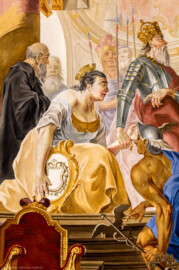 Schloss Bruchsal - Hauptbau / Corps de Logis - Beletage - Kuppelsaal - Von Süden - Ausschnitt aus dem nördlichen Kuppelfresko - Bischof Konrad I. von Speyer erhält im Jahr 1056 den Königshof Bruchsal aus der Hand von Kaiser Heinrich III. (rechts); im Vordergrund rechts kniet Merkur bzw. Hermes, der die Personifikation Bruchsals (links) auf den noch leeren Thron (unten links) hinweist, um anzuzeigen, dass diese Stadt knapp 700 Jahre später einmal Bischofsresidenz werden würde (urspünglich gemalt 1752 von Johannes Zick und Sohn Januarius, originalgetreu rekonstruiert 1966 von Karl Manninger) (aufgenommen im Oktober 2019, am frühen Nachmittag) Schloss Bruchsal - Hauptbau / Corps de Logis - Beletage - Kuppelsaal - Von Süden - Ausschnitt aus dem nördlichen Kuppelfresko - Bischof Konrad I. von Speyer erhält im Jahr 1056 den Königshof Bruchsal aus der Hand von Kaiser Heinrich III. (rechts); im Vordergrund rechts kniet Merkur bzw. Hermes, der die Personifikation Bruchsals (links) auf den noch leeren Thron (unten links) hinweist, um anzuzeigen, dass diese Stadt knapp 700 Jahre später einmal Bischofsresidenz werden würde (urspünglich gemalt 1752 von Johannes Zick und Sohn Januarius, originalgetreu rekonstruiert 1966 von Karl Manninger) (aufgenommen im Oktober 2019, am frühen Nachmittag)