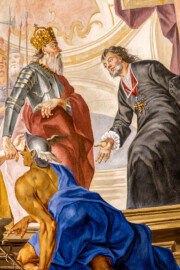 Schloss Bruchsal - Hauptbau / Corps de Logis - Beletage - Kuppelsaal - Von Süden - Ausschnitt aus dem nördlichen Kuppelfresko - Bischof Konrad I. von Speyer (rechts) erhält im Jahr 1056 den Königshof Bruchsal aus der Hand von Kaiser Heinrich III. (links); im Vordergrund kniet Merkur bzw. Hermes, der die Personifikation Bruchsals auf den noch leeren Thron hinweist, um anzuzeigen, dass diese Stadt knapp 700 Jahre später einmal Bischofsresidenz werden würde (urspünglich gemalt 1752 von Johannes Zick und Sohn Januarius, originalgetreu rekonstruiert 1966 von Karl Manninger) (aufgenommen im Oktober 2019, am frühen Nachmittag) Schloss Bruchsal - Hauptbau / Corps de Logis - Beletage - Kuppelsaal - Von Süden - Ausschnitt aus dem nördlichen Kuppelfresko - Bischof Konrad I. von Speyer (rechts) erhält im Jahr 1056 den Königshof Bruchsal aus der Hand von Kaiser Heinrich III. (links); im Vordergrund kniet Merkur bzw. Hermes, der die Personifikation Bruchsals auf den noch leeren Thron hinweist, um anzuzeigen, dass diese Stadt knapp 700 Jahre später einmal Bischofsresidenz werden würde (urspünglich gemalt 1752 von Johannes Zick und Sohn Januarius, originalgetreu rekonstruiert 1966 von Karl Manninger) (aufgenommen im Oktober 2019, am frühen Nachmittag)