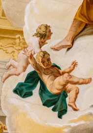 Schloss Bruchsal - Hauptbau / Corps de Logis - Beletage - Kuppelsaal - Kuppelfresko - Ausschnitt aus der südlichen "himmlischen" Zone - Zwei Genien als Staffagefiguren (urspünglich gemalt 1752 von Johannes Zick und Sohn Januarius, originalgetreu rekonstruiert 1966 von Karl Manninger) (aufgenommen im Oktober 2019, am frühen Nachmittag) Schloss Bruchsal - Hauptbau / Corps de Logis - Beletage - Kuppelsaal - Kuppelfresko - Ausschnitt aus der südlichen "himmlischen" Zone - Zwei Genien als Staffagefiguren (urspünglich gemalt 1752 von Johannes Zick und Sohn Januarius, originalgetreu rekonstruiert 1966 von Karl Manninger) (aufgenommen im Oktober 2019, am frühen Nachmittag)